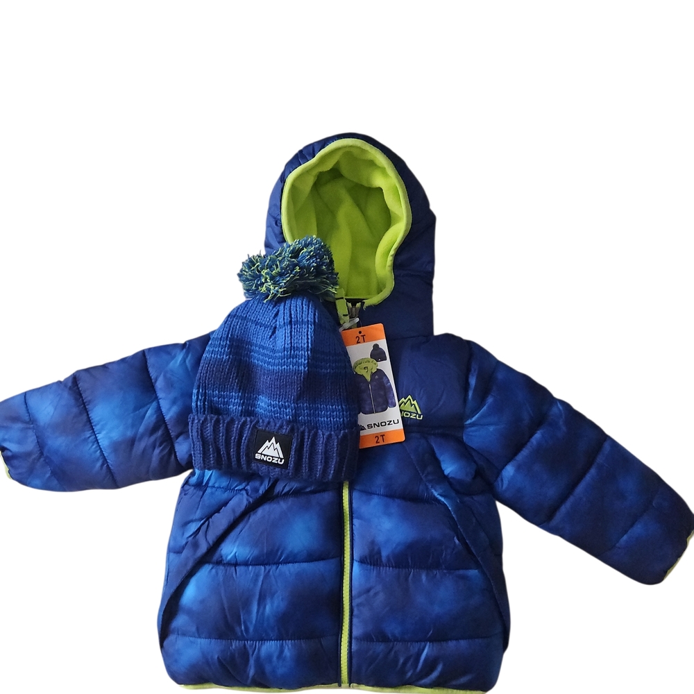 Snozu Blue and Lime Kids Winter Jacket with Hat